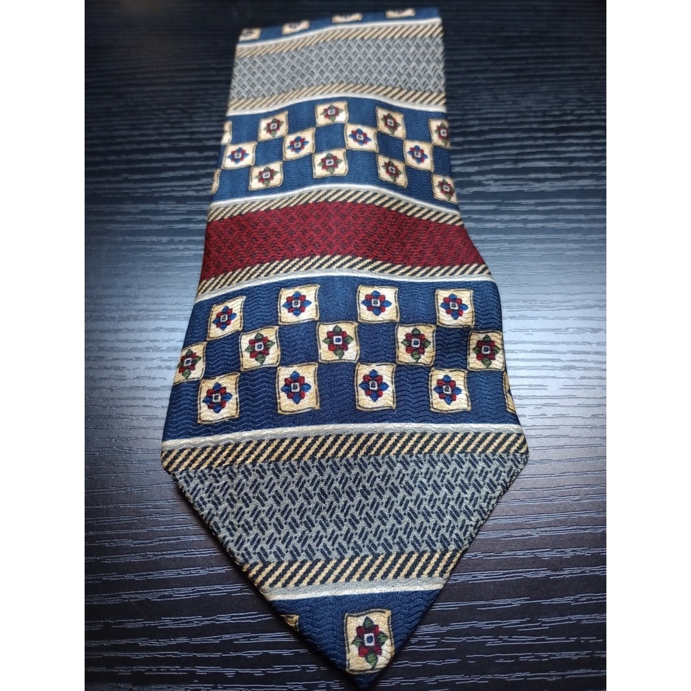 Vintage Perry Ellis Portfolio Silk Tie USA Made Navy Red Geometric Medallion... - Picture 1 of 4